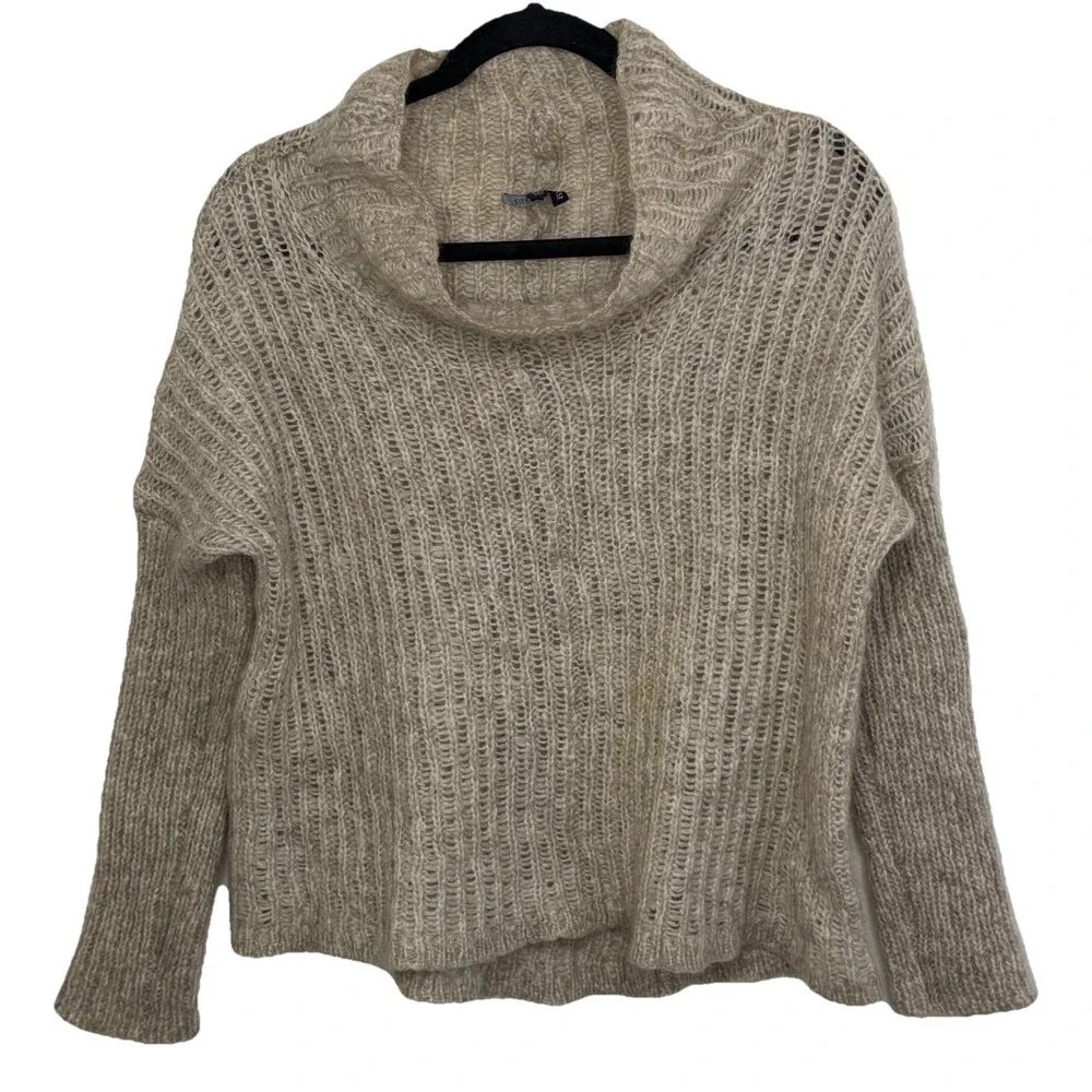 Eileen Fisher Open Knit‎ Mohair Turtleneck Mock Neck Hi Low Oatmeal Sweater Sz L